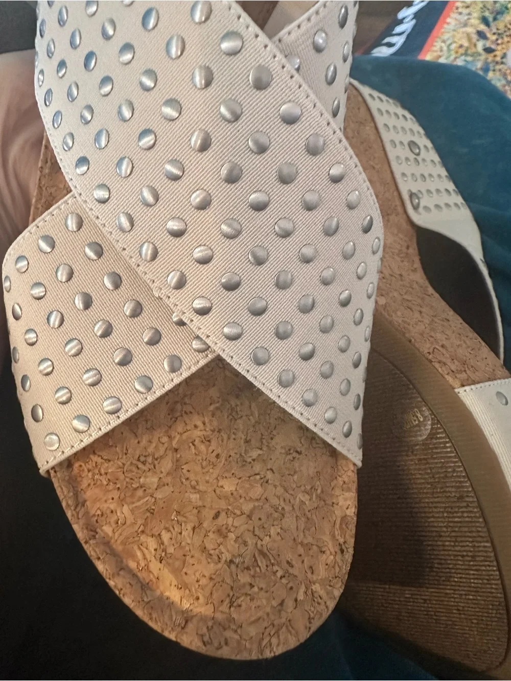 Lucky Brand Studded White Cork Wedge Slide Sandals - Women